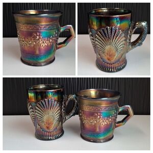 Set of Two Vintage/Antique Blue Orange Carnival Glass Mugs Shell/ Orange Tree